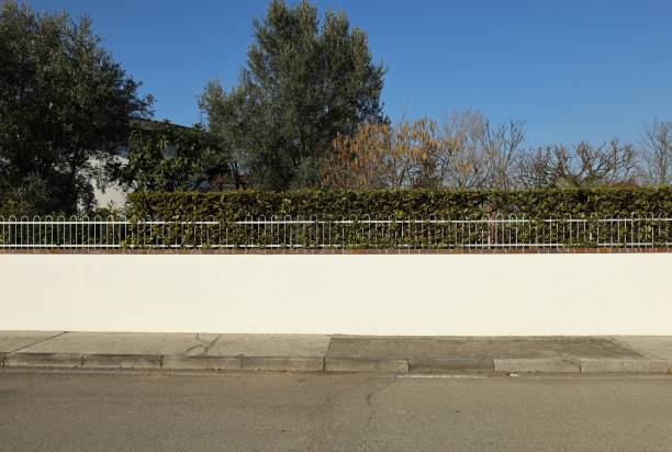 istock Fence made of white plaster wall with row o bricks, railing and hedge on top. Concrete sidewalk and asphalt street in front, trees and white building on behind. 2032110974