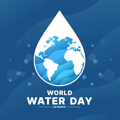 World water day - Drop water with circle globe wolrd sign and blue curve wave texture on blue background vector design