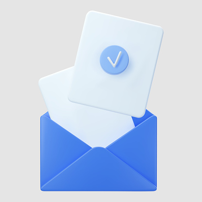 3d blue open mail envelope icon with check mark isolated on grey background. Render approvement concept, email notification with document and check mark icon. 3d realistic vector.