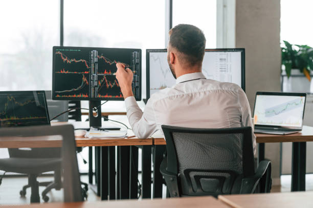 istock Rear view. Businessman is sitting by computer and working in the office 2032159850