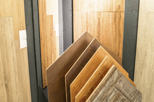Sample wood texture laminate or parquet plates in a store or showroom