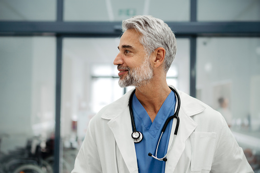 Portrait of confident mature doctor standing in Hospital corridor. Handsome doctor with gray hair wearing white coat, scrubs, stethoscope around neck standing in modern private clinic, looking at camera.