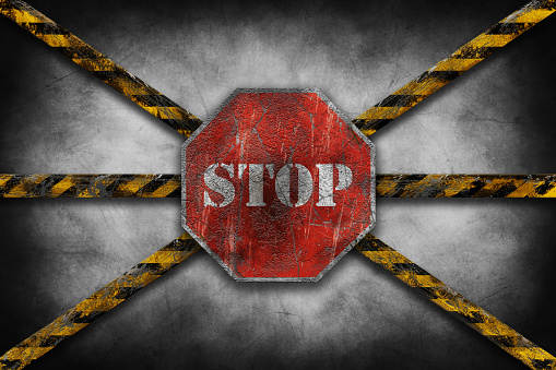 Stop sign and caution tape grunge, worn and damaged look 3D illustration
