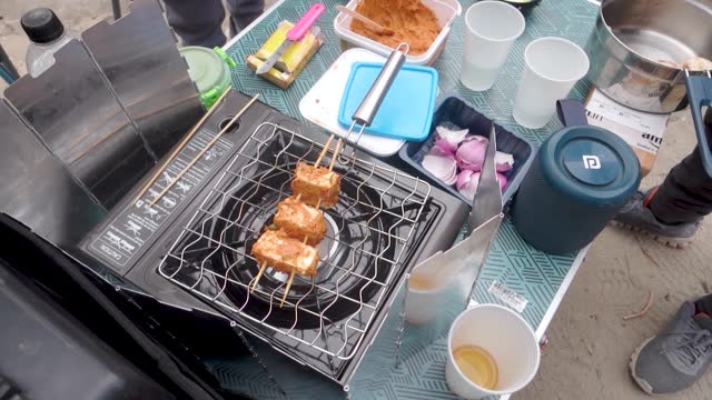 Outdoor Meal Preparation: Grilling Paneer Tikka on Camping Stove - Camping and Picnic