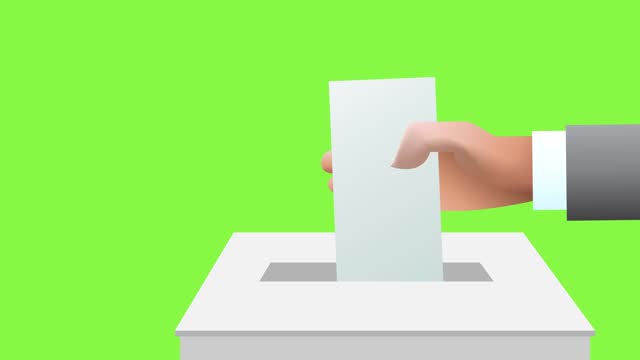 Man putting ballot in a box during elections. Animated illustration of  voting concept.