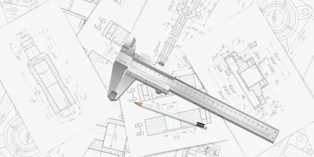 Vector illustration of Engineer technician designing drawings.Top view of drawing tools .Mechanical Engineering background.