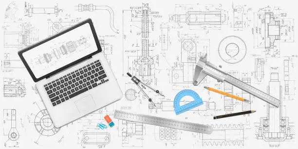 Vector illustration of Laptop and technological tool.Technical drawing background.Mechanical Engineering background .