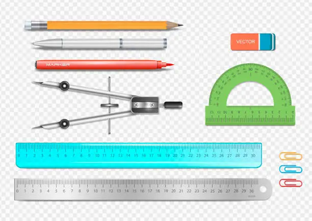 Vector illustration of Pen, pencils and other tools used for draftsmanship .School set for painting and sketching.Ruler, Compasses, Eraser .Education and study.