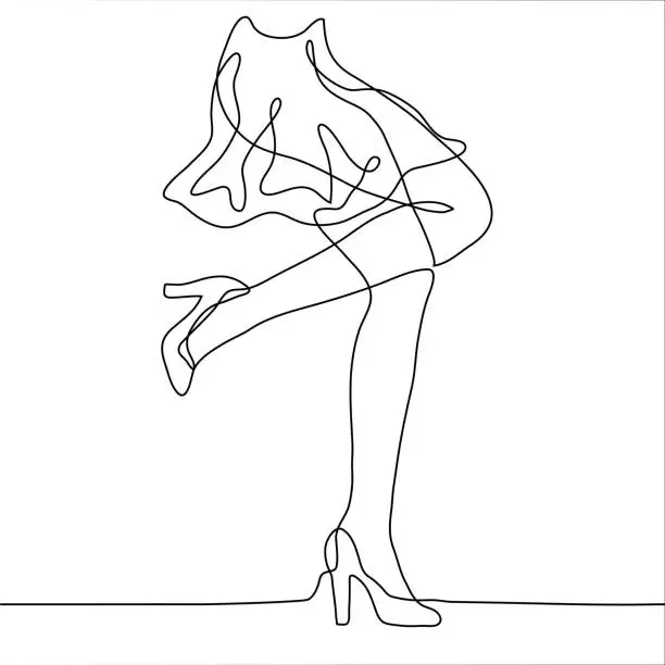 Vector illustration of Female legs in high heels in motion (the girl is dancing), her magnificent skirt is fluttering from dynamic movements. The concept of dancing, fun, healthy female legs, partying, pleasant shopping