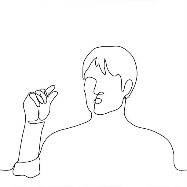 Vector illustration of man showing small space between thumb and forefinger - one line art vector. the concept of showing a small amount or small size of something