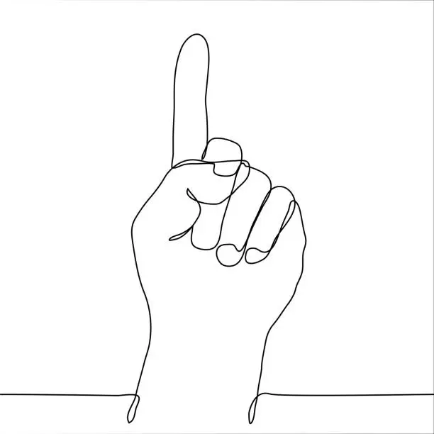 Vector illustration of one continuous line drawing of a hand in a fist with an extended index finger. Vector illustration of a hand with a pointing finger