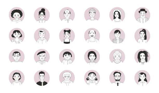 Vector illustration of Set of different people's faces, human avatars collection. Different emotions, gender and age.