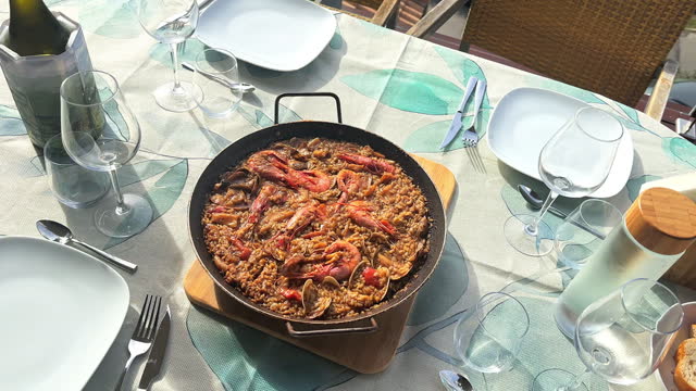 Seafood Paella on table ready to eat