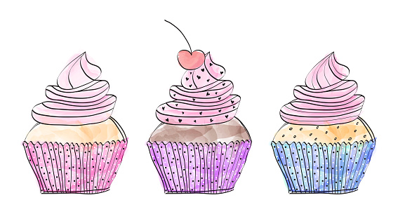 Beautiful Cupcakes Set or Muffin Collection in Colorful Watercolor Doodle Style on White Background