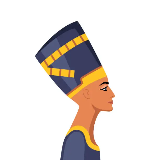 Vector illustration of Egyptian Queen Nefertiti. Ancient portrait in crown. Beautiful woman profile closeup face. Ancient Egypt. Vector illustration.