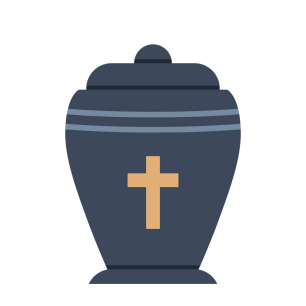 Urn for ashes. Cremation and funeral urn with dust. Burial and dead people. Vector illustration. Urn for ashes. Cremation and funeral urn with dust. Burial and dead people. Vector illustration cricket trophy stock illustrations