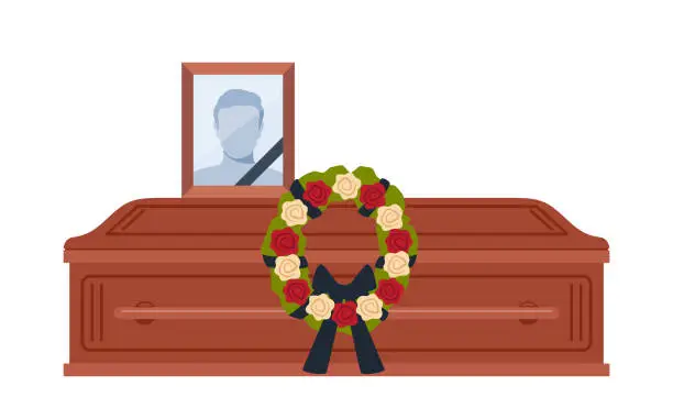 Vector illustration of Dead young man coffin and photo. Funeral ceremony. Ritual service. Male picture and flowers wreath on coffin. Vector illustration.