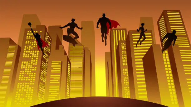 Vector illustration of Vector Superhero Team Silhouette Flying Floating Above City Buildings Stock Illustration