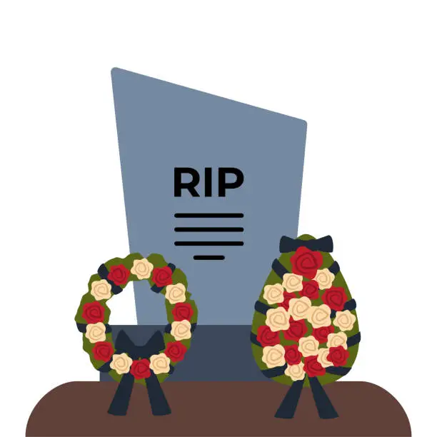 Vector illustration of Gravestone with grass on ground. Old tombstone on grave with text RIP. Funeral wreath with white and red roses and a mourning ribbon. Vector illustration.