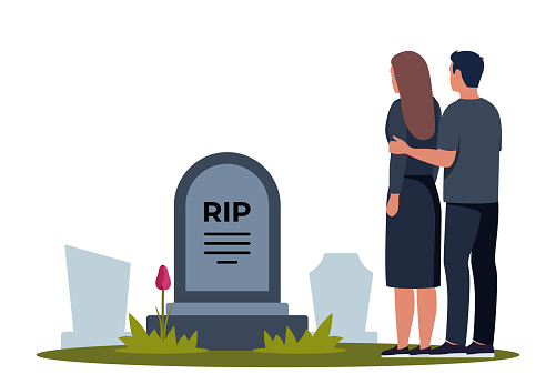 Sad man and woman dressed in mourning clothes standing near grave with tombstone. Grieving people or relatives on graveyard or cemetery. Vector illustration