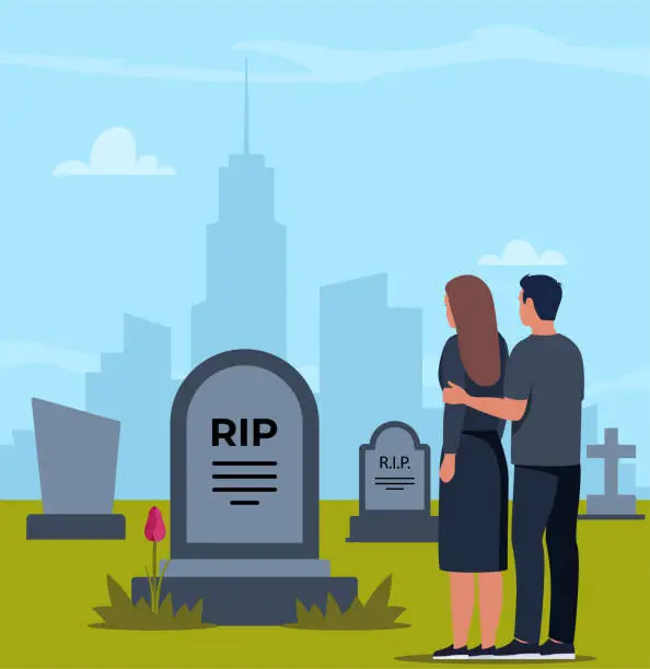 Vector illustration of Sad man and woman dressed in mourning clothes standing near grave with tombstone. Grieving people or relatives on graveyard or cemetery. Vector illustration.