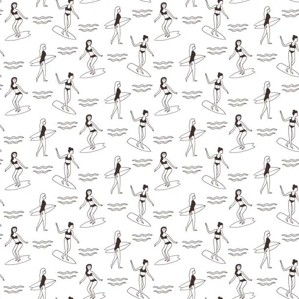 Vector illustration of Monochrome surf girl seamless pattern