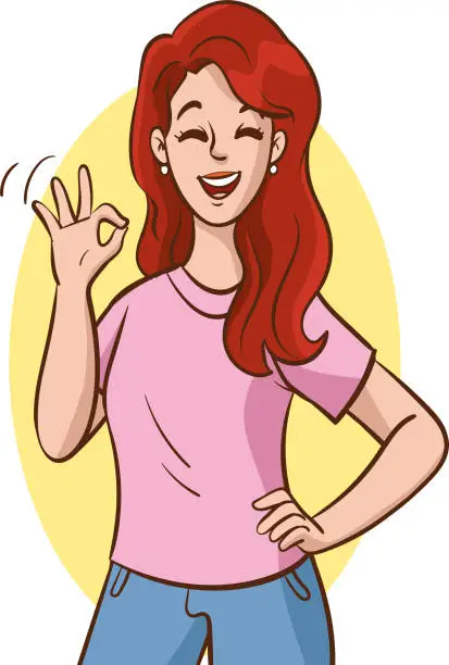 Vector illustration of Illustration of a Smiling Red Haired Woman Showing OK Sign