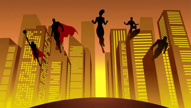 Vector illustration of Vector Superhero Team Silhouette Flying Floating Above City Buildings Stock Illustration