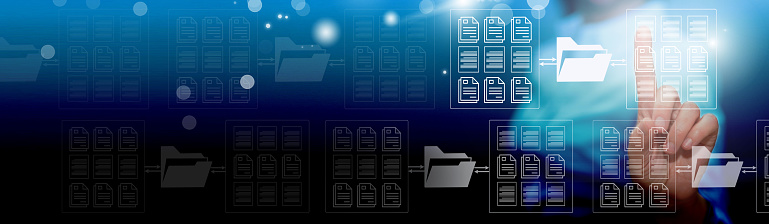 Online documentation database;  Document management system DMS concept.  FTP (File Transfer Protocol), Secure FTP. Internet cloud technology, exchange information and data storage concept.