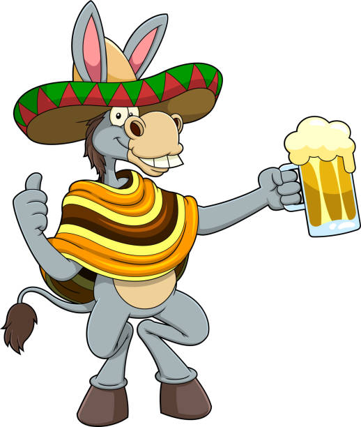 Mexican Donkey Cartoon Character Holding A Mug Of Beer And Giving The Thumbs Up Mexican Donkey Cartoon Character Holding A Mug Of Beer And Giving The Thumbs Up. Vector Hand Drawn Illustration Isolated On Transparent Background mexican mule stock illustrations