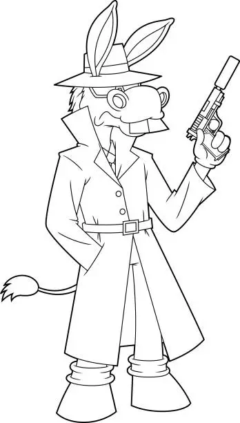 Vector illustration of Outlined Donkey Spy Secret Agent Cartoon Character Holding A  Gun