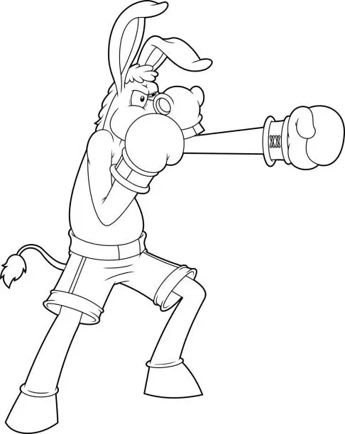 Vector illustration of Outlined Angry Donkey Jackass Cartoon Character Boxer With Boxing Gloves