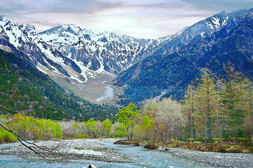 Japanese Alps and Azusa River of Kamikochi in the western region of Nagano Prefecture, Japan.