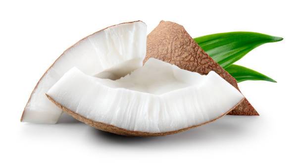 istock Coconut piece with leaves isolated. Coconut pieces on white background. Broken white coco slice with clipping path. Full depth of field. 2032230109