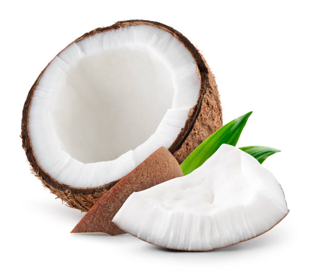 istock Coconut isolated. Coconut half with slice and piece on white background. Coco nut with leaf. Full depth of field. 2032230627