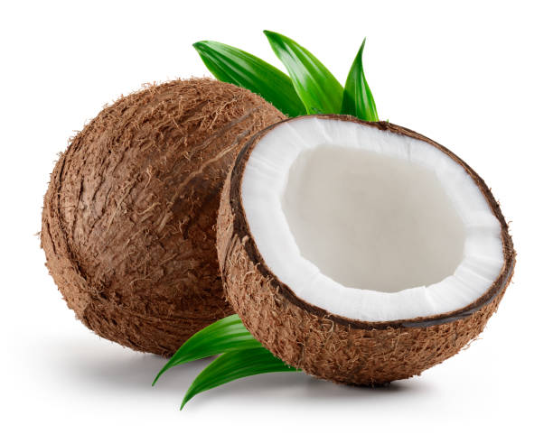 Coconut isolated. Coconuts with leaves on white background. Coconut. Coco half and leaf. Full depth of field.