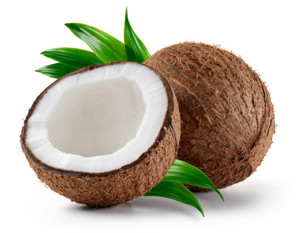 istock Coconut isolated. Coconuts with leaves on white background. Coconut. Coco half and leaf. Full depth of field. 2032230629