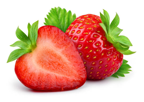 istock Strawberries isolated. Strawberry whole and half on white background. Perfect retouched side view berry. Full depth of field. 2032231202