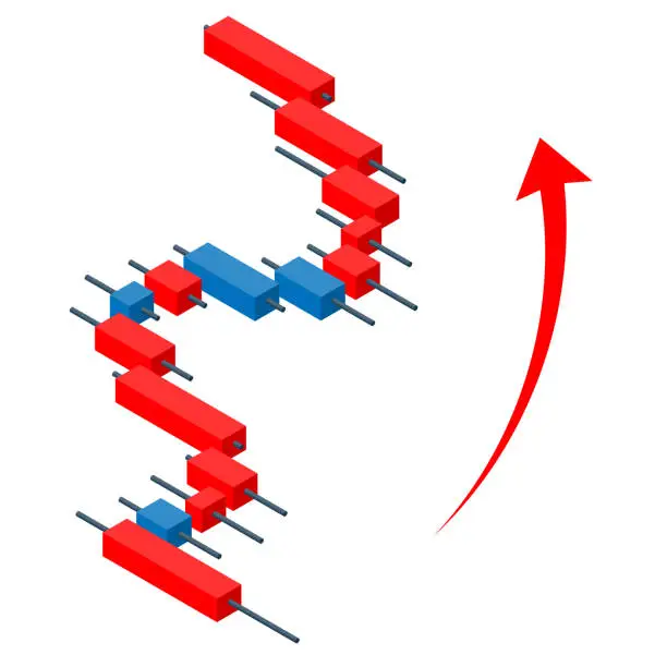 Vector illustration of Isometric illustration of a chart with rising prices. Upper two methods, no main line.