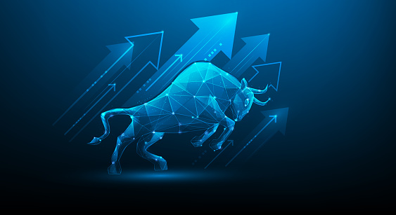 business bullish market financial increasing graph technology on blue background. growth of investment in the bull stock market. vector illustration digital fantastic hi-tech design.