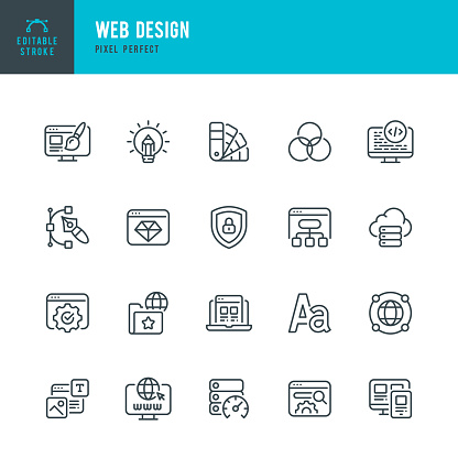 Web Design - set of vector linear icons. 20 icons. Pixel perfect. Editable outline stroke. The set includes a  Web Design, Website Development, Web Page, Portfolio, Coding, Security System, Search Engine, Data Center, Web Page Architecture, Color Swatch, Font, Paintbrush, Pen, Desktop PC.