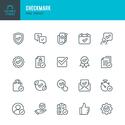 Checkmark - set of vector linear icons. 20 icons. Pixel perfect. Editable outline stroke. The set includes a Checkmark Symbol, Voting, Checkbox, Document Approval, Certificate, Security System, Acceptance Letter, Questionnaire, Thumbs Up, Quality.