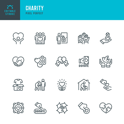 Charity - set of vector linear icons. 20 icons. Pixel perfect. Editable outline stroke. The set includes a Charity, Charitable Donation, Teamwork, Donation Box, Arms Raised, Heart Shape, Blood Donation, Life Belt, Dove, Volunteers, Donation Button.