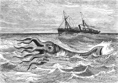 Vintage engraved illustration - Kraken (legendary sea monster)