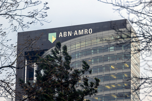 Amsterdam, The Netherlands. February 13th, 2024: ABN AMRO Head quarters office. Glass tower buildings in the financial center of the city of Amsterdam in Holland the Netherlands called the Zuid-as/ south axes.