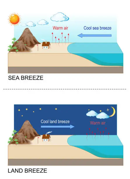 Vector illustration of Sea breeze and Land breeze