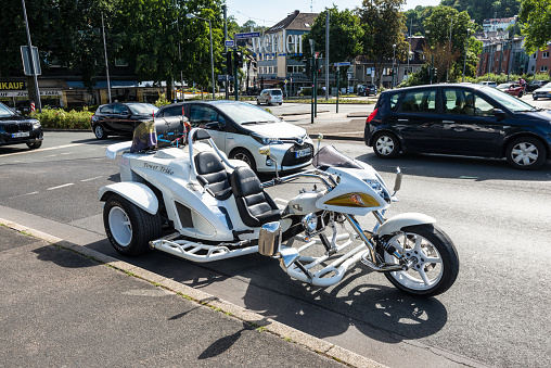 Essen, Germany - August 21, 2022: Three-wheeled motorcycle (trike) during the Essen 2022 children's ride in Essen-Werden, North Rhine-Westphalia, Germany.