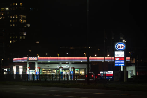 Amersfoort, The Netherlands -  Febuary 02-2024: Esso-tankstation in avondlicht