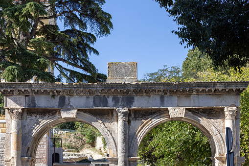 Pula, Croatia, Istria - September 29, 2023: Porta Gemina (Dvojna vrata), remains of Roman city gate