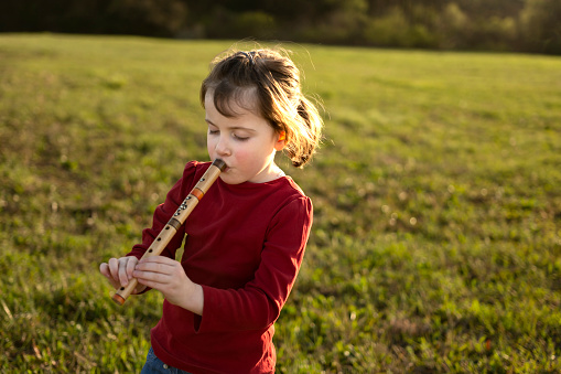 A little girl plays the flute in nature. Copy space